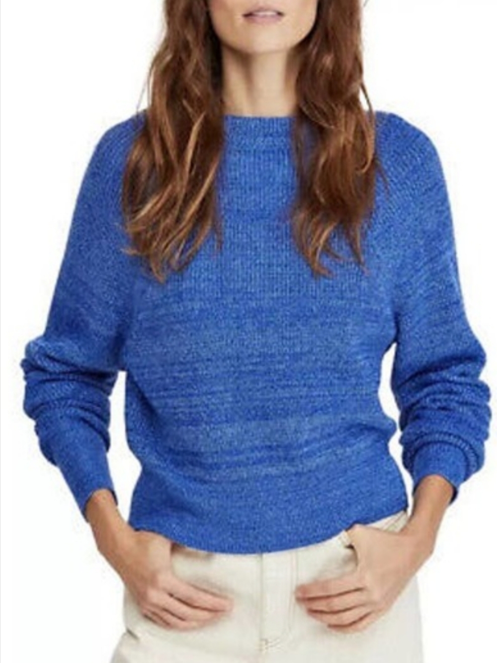 Free People Mock Neck Sweater Royal Blue Ribbed Trim Relaxed Fit M